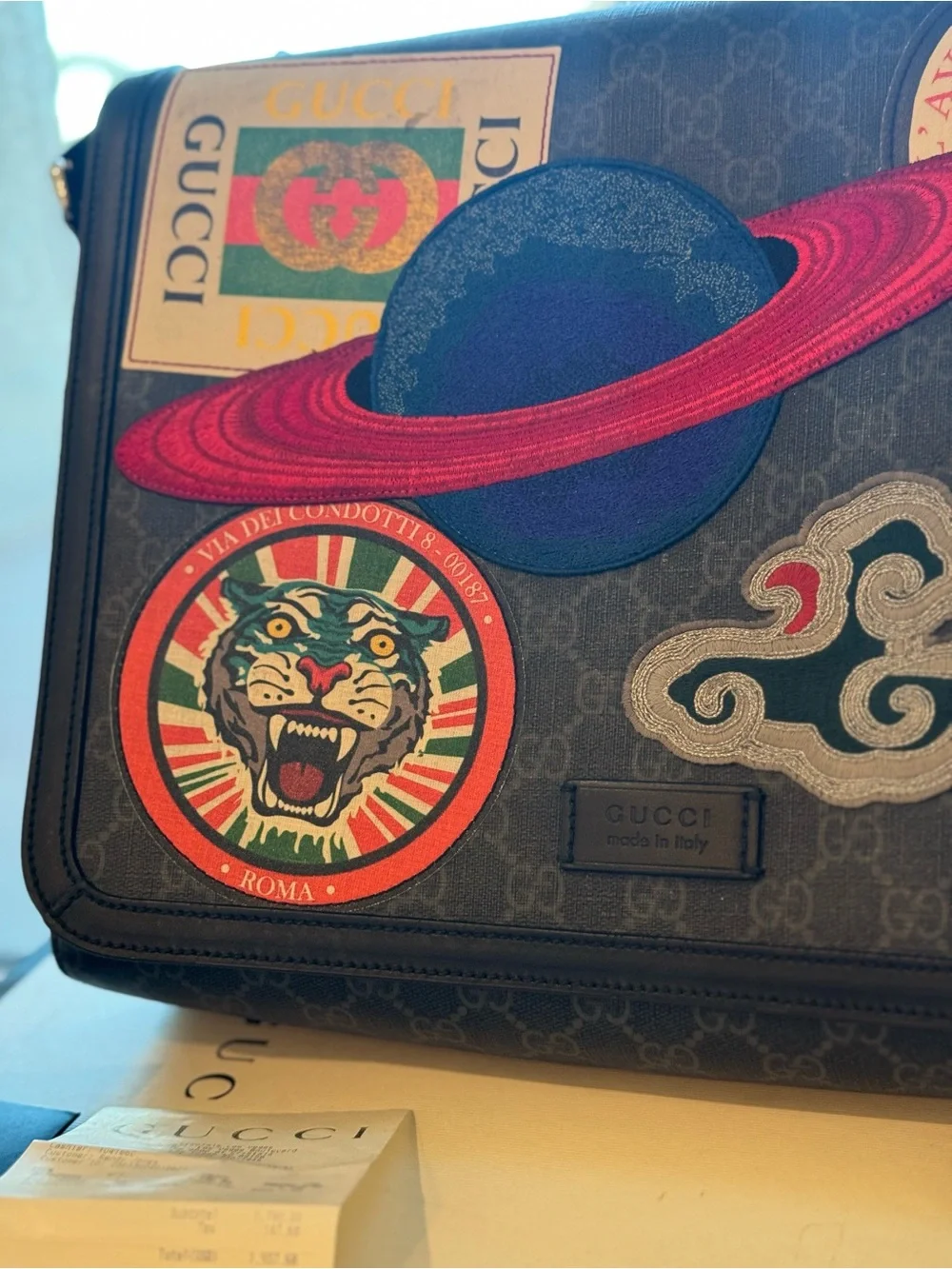 Gucci Navy GG Supreme Messenger Bag with Multicolor Planet & Patch Accents